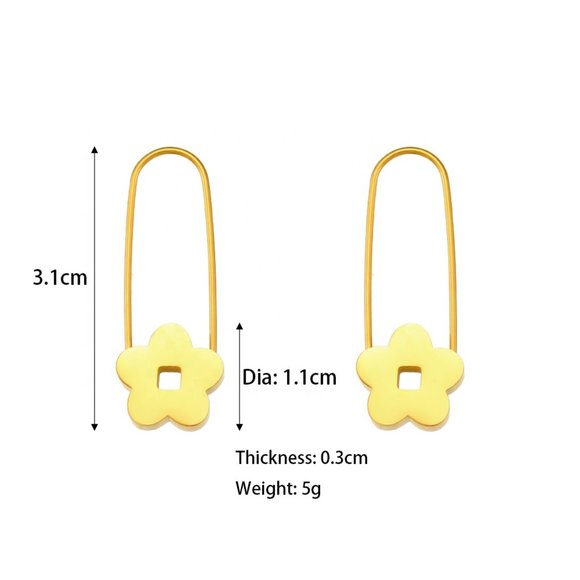 Gold Flower Safety Pin Hoop Earrings 18K Gold Plated - Picture 9 of 10